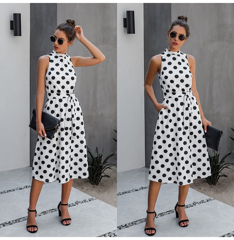 Long Dress Women Black Casual Polka-dot Summer White Midi Dresses Fitted Elegant Ladies Party  Summer Clothes For Women Belt - SunLify