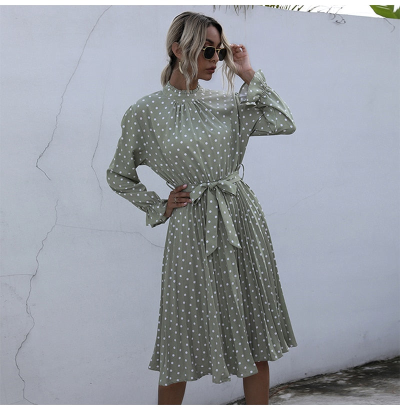 Woman Long Dress Autumn Spring Elegant Polka Dot Print Ruched Bow Dresses Casual Black Long Sleeve Trendy Clothes For Women - SunLify