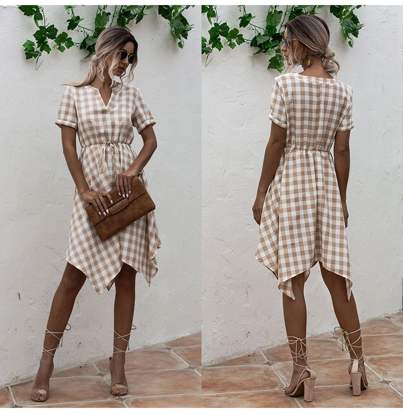 Summer Dress Women Asymmetrical Plaid Sundresses Casual Black Fitted Clothing Knees Leisure  Red Clothes For Women Everyday - SunLify