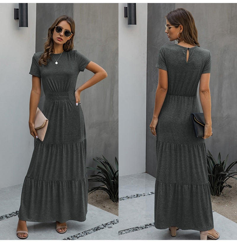 Long Robes T-shirt Dress Women Elegant Ruched A-Line Dresses Casual Ladies Summer Fitted Clothing  Maxi Dresses For Women - SunLify