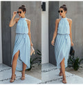 Long Dress Women Halter Sexy Backless Front Slit Ladies Elegant Summer Midi Dresses Party Night Fitted Clothes Blue  Fashion - SunLify