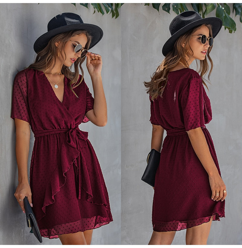 Women Dress Casual Ruffle Bow Lacing-Up Black Summer Sundresses Fitted Everyday Mini Short Clothing High Waist Red  Yellow - SunLify