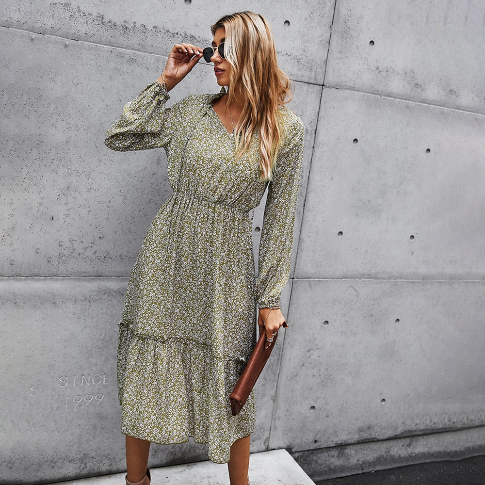 Long Dress Autumn Spring Casual Green Long Sleeve Floral Print Ruched Dresses New Arrival Fall Clothes For Women  Fashion - SunLify