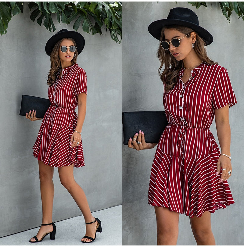 Lossky Women Cotton Mini Dress Fashion Summer Plaid Snake Short Sleeve Casual Ruched Short Nice Shirt Dress Clothes Elegant - SunLify