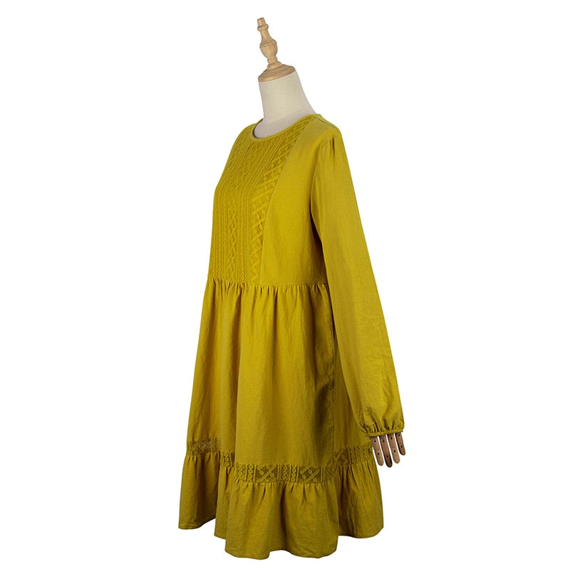 Woman Dress Autumn Winter Casual Lace Stitching Yellow Long Sleeve Loose Vintage Dresses For Women Clothes  Ladies - SunLify