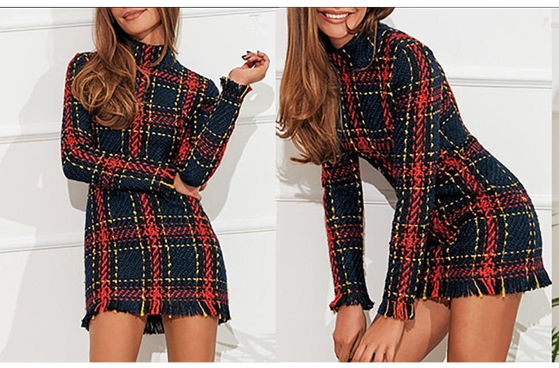 Lossky Sweater Dress Women Autumn Winter Plaid Long Sleeve Short Mini  Ladies Thick Warm Clothes Dresses Vestido Elegant - SunLify