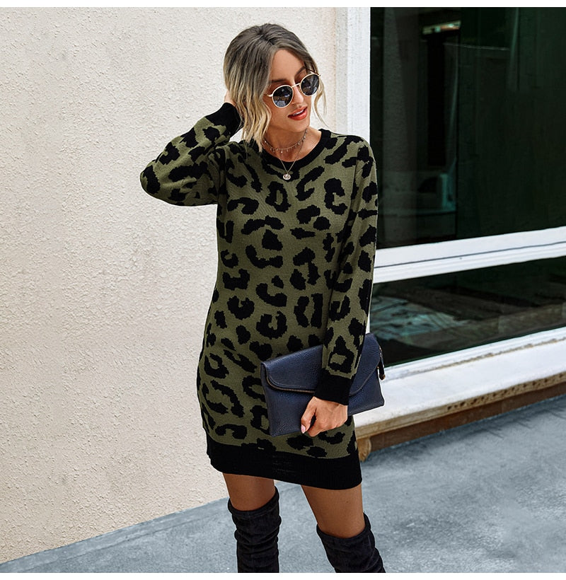 Sweater Dress Autumn Winter Long Sleeve Women Fashion Vintage Leopard Print Warm Knitted Clothes Ladies Dresses New Arrival - SunLify