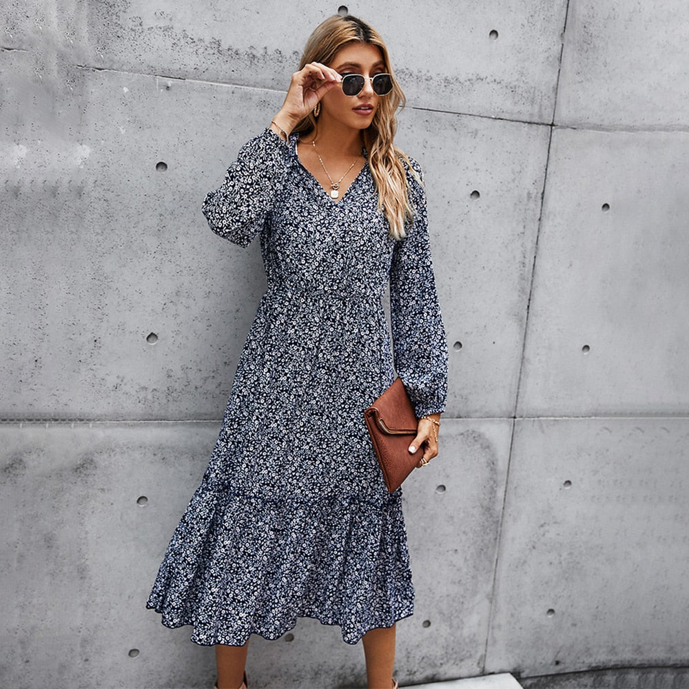 Long Dress Autumn Spring Casual Green Long Sleeve Floral Print Ruched Dresses New Arrival Fall Clothes For Women  Fashion - SunLify