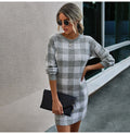 Sweater Dress Women Autumn Winter Elegant Office Plaid Long Sleeve Knit Clothes Slim Fit Black Ladies Dresses New Arrival - SunLify