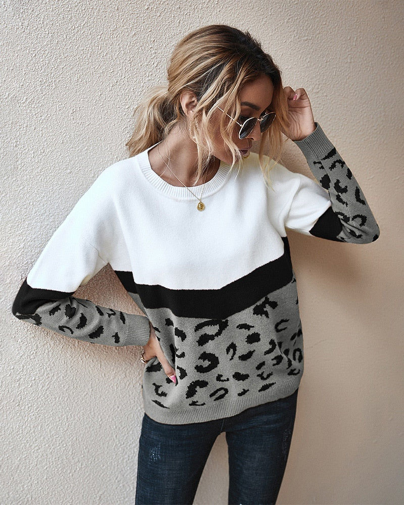 Sweater Women Leopard Patchwork Autumn Winter Ladies Long Sleeve Jumper Pullover Sweaters Top Brown Fashion Womens Clothing - SunLify