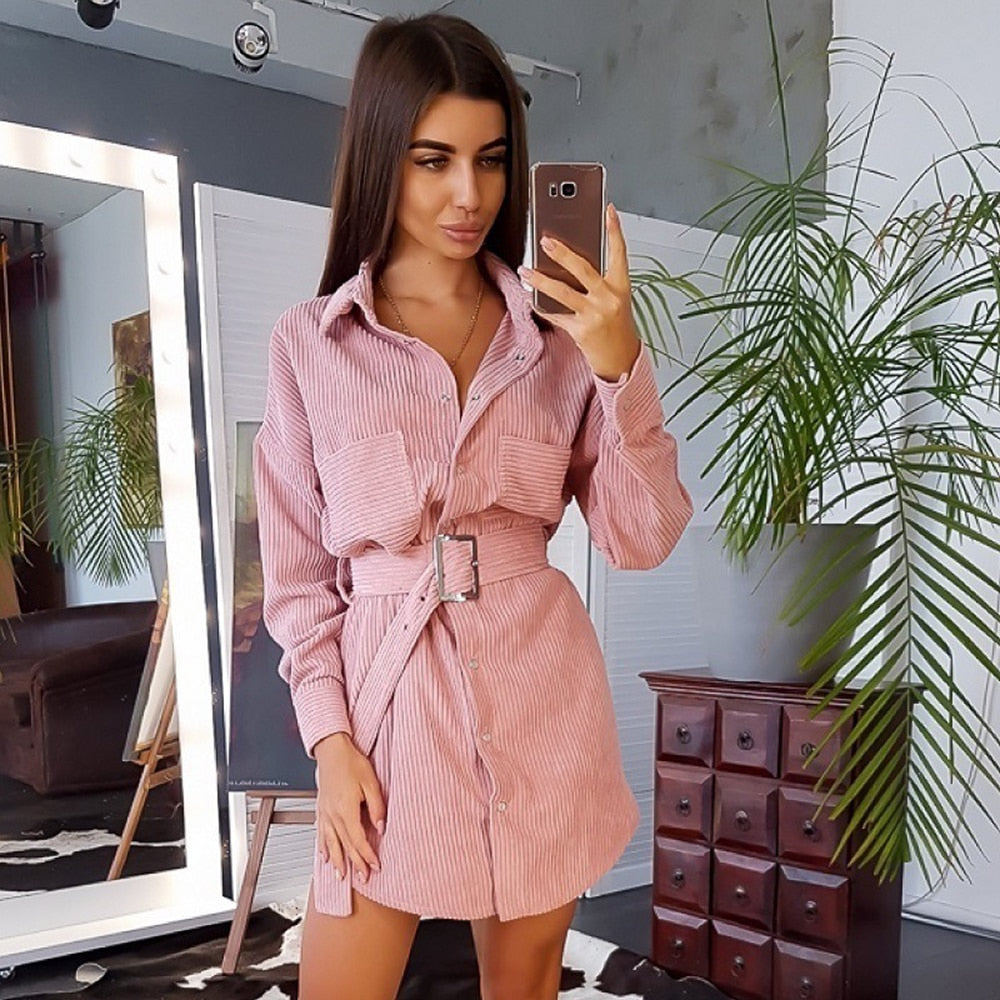 Dress Women Autumn Winter Corduroy Casual Pink Long Sleeve Sashes Fitted Womens Clothing Button Shirt Dresses  Fall Fashion - SunLify