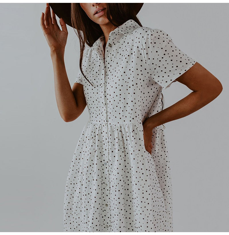 Long Dress Summer Vintage Dots Print Buttons Shirt Dresses White Casual Plus Size Women 4xl Loose Midi Clothes Black  Retro - SunLify