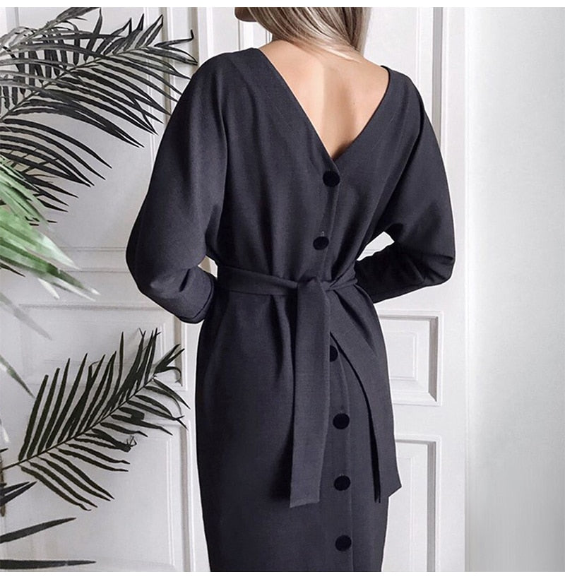 Long Dress Autumn Spring Elegant Office Ladies Long Sleeve Clothes Casual Pure Black Sashes Button Up Woman Dresses  Fashion - SunLify