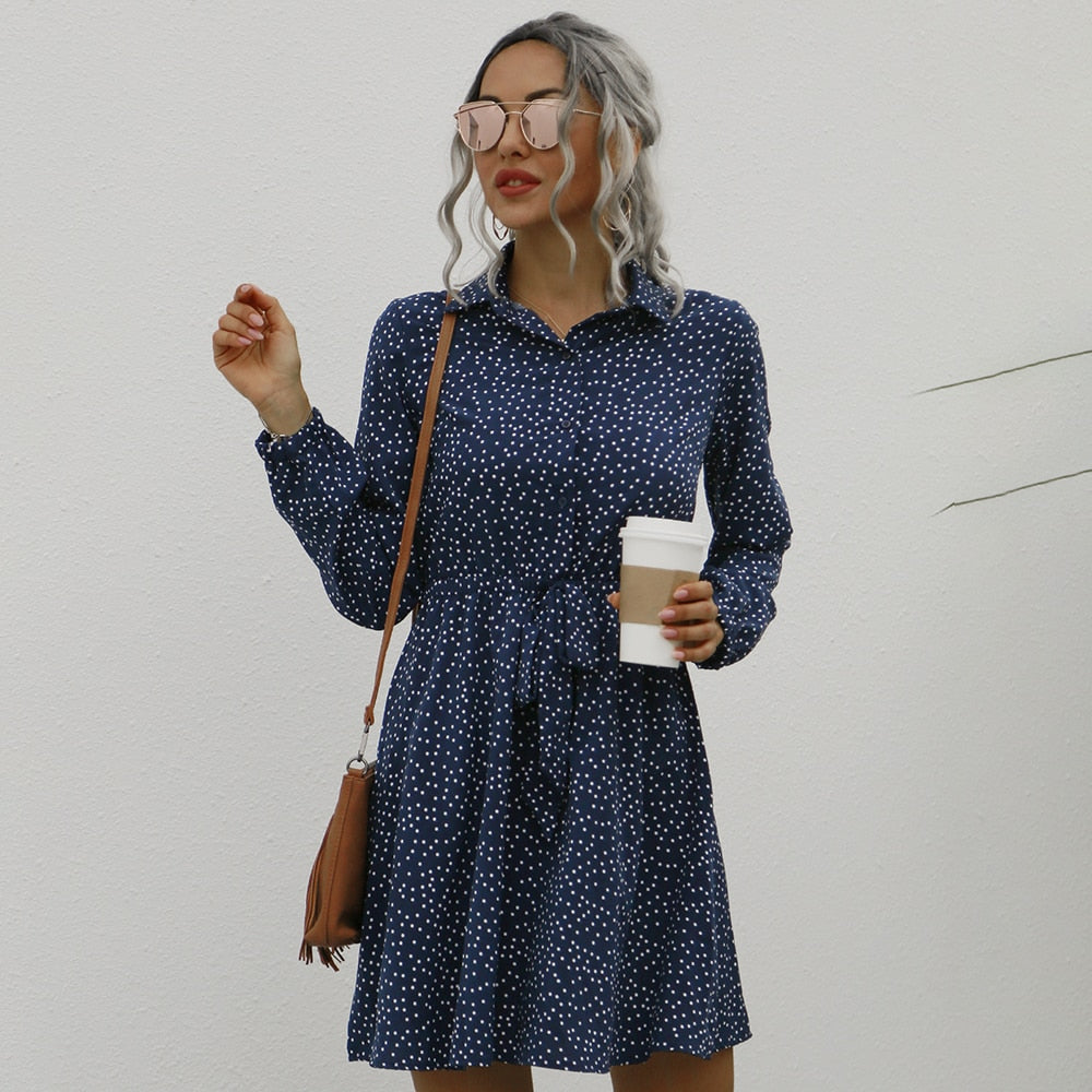 Button Up Shirt Dress Autumn Spring Casual Dot Print A-Line Dresses Elegant Floral Slim Sashes Fall  Womens Clothing Fashion - SunLify