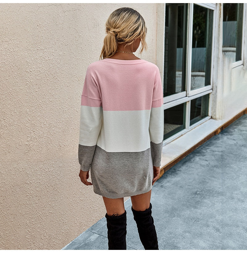 Sweater Dresses Women Autumn Winter Long Sleeve Casual Pink Striped Patchwork Slim Knitted Dress  Fashion Clothes For Women - SunLify