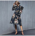 Woman Long Dress Vintage Floral Flower Long Sleeve Autumn Clothes Elegant Ladies Black Puff Sleeve Bow Dresses New Arrival - SunLify