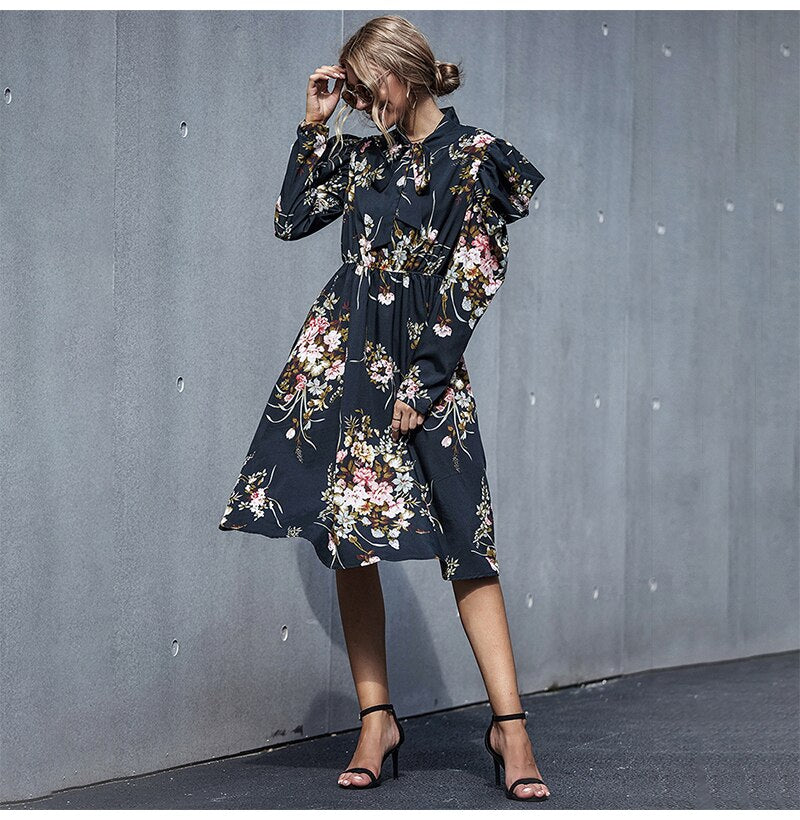 Woman Long Dress Vintage Floral Flower Long Sleeve Autumn Clothes Elegant Ladies Black Puff Sleeve Bow Dresses New Arrival - SunLify