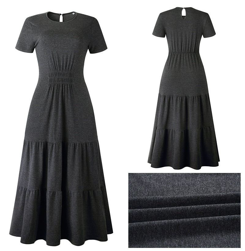 Long Robes T-shirt Dress Women Elegant Ruched A-Line Dresses Casual Ladies Summer Fitted Clothing  Maxi Dresses For Women - SunLify