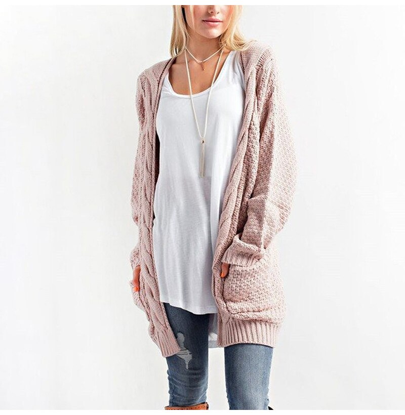 Long Sweater Cardigan Women Autumn Winter Long Sleeve Pink Knitted Clothing Pocket Ladies Oversized Plus Size Fashion Tops - SunLify