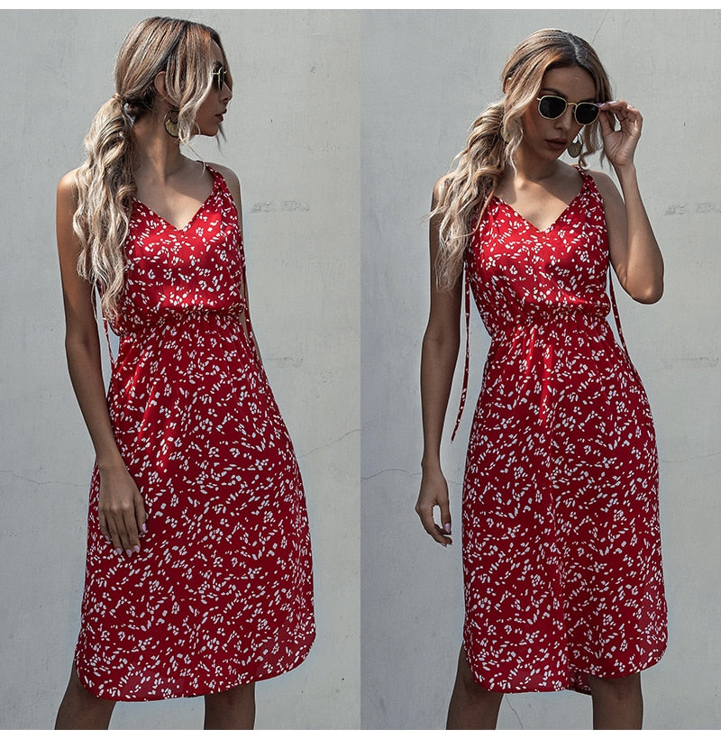 Dress Women Summer Leopard Floral Slip Sundresses Casual Fitted Slit Clothing Pink  Red Spaghetti Strap Dresses For Women - SunLify