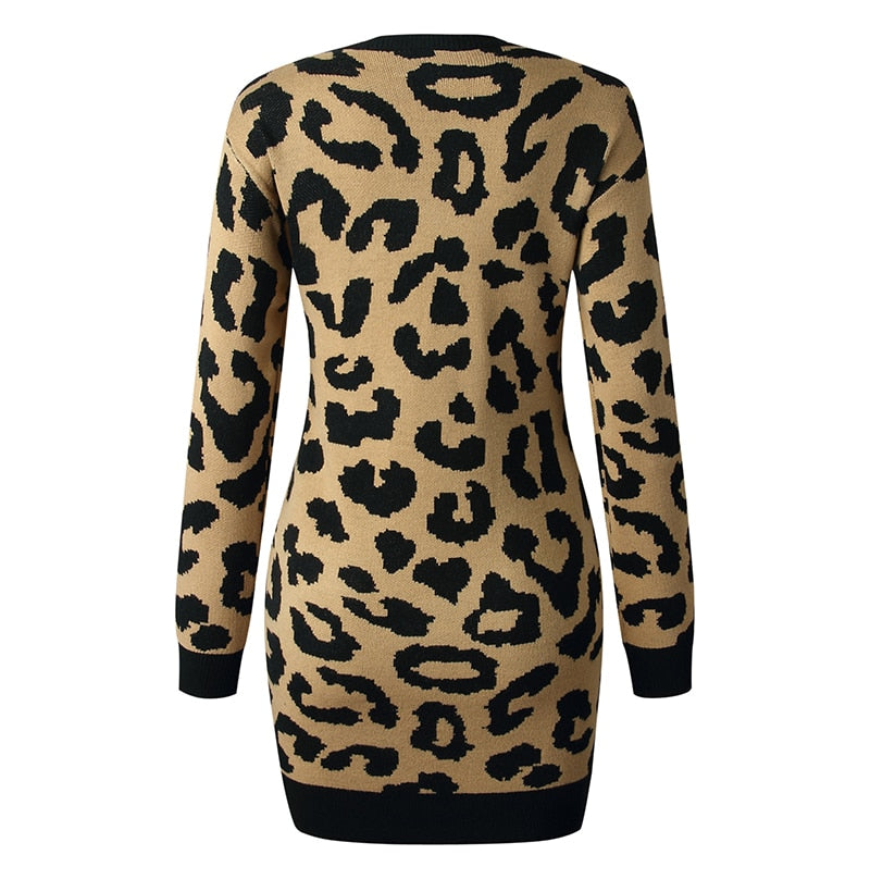 Sweater Dress Autumn Winter Long Sleeve Women Fashion Vintage Leopard Print Warm Knitted Clothes Ladies Dresses New Arrival - SunLify