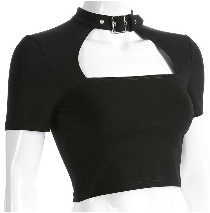 Lossky Sexy Cropped Tops Women Vogue Choker Collar Metal Buckle Short T-shirt Summer Vegan Clothes Black Gothic Streetwear - SunLify