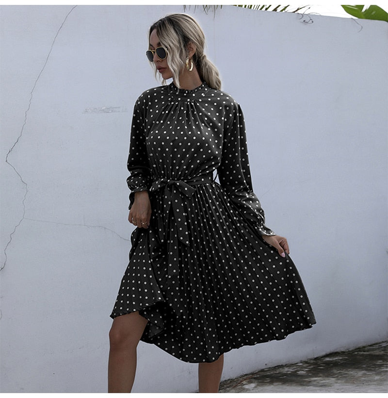 Woman Long Dress Autumn Spring Elegant Polka Dot Print Ruched Bow Dresses Casual Black Long Sleeve Trendy Clothes For Women - SunLify