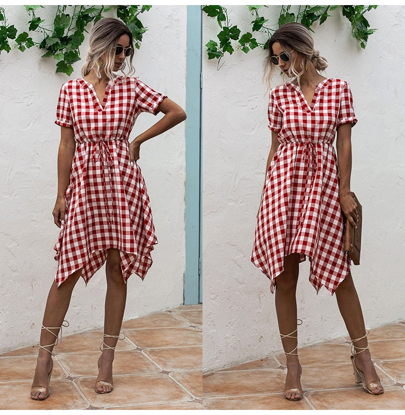 Summer Dress Women Asymmetrical Plaid Sundresses Casual Black Fitted Clothing Knees Leisure  Red Clothes For Women Everyday - SunLify