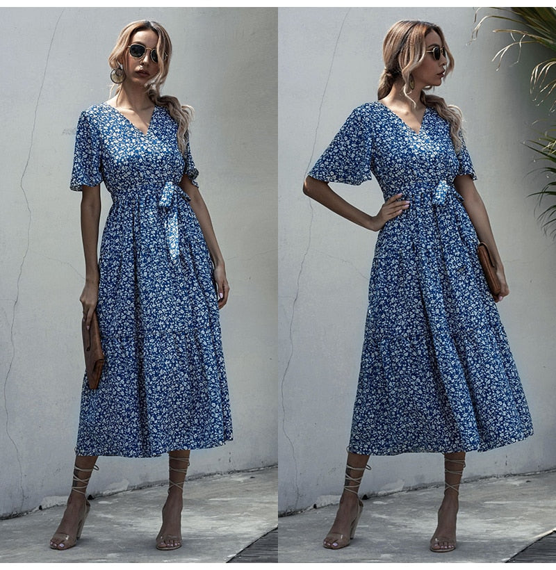 Long Dress Women Summer Casual Polka-dot Floral Print Midi Sundresses Black Elegant Fitted Clothing  Red Dresses For Women - SunLify