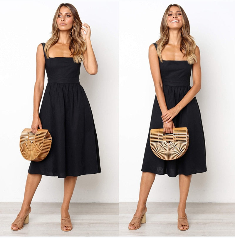 Lossky Casual Solid Dress Women Midi Long Summer Sexy Backless Slip Dresses Ruched Fashion Elegant Party Clothes Leisure - SunLify