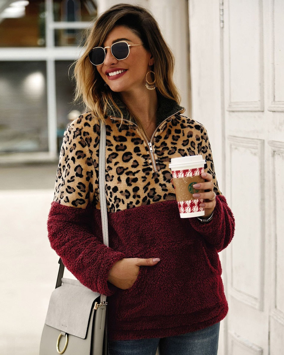 Lossky Winter Sweatshirt Leopard Patchwork Women Long Sleeve Pockets Ladies Plush Tops Zipper Pullover Warm Clothing Female - SunLify