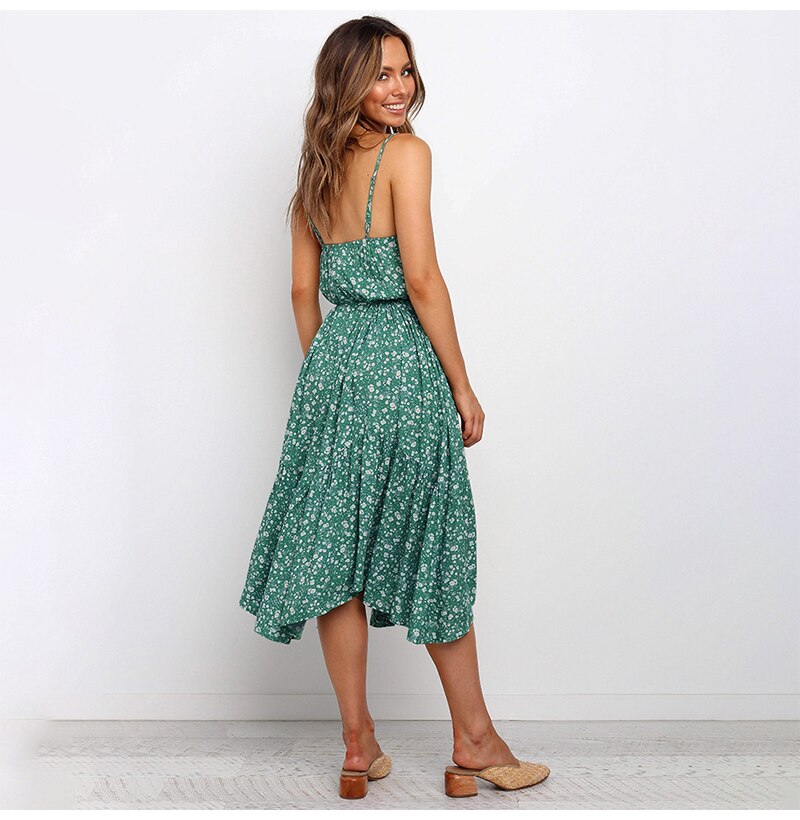 Long Dress Women Floral Flower Print Ruched Backless Sleeveless Slip Dresses Summer Casual Midi Blue Womens Clothes  Fashion - SunLify