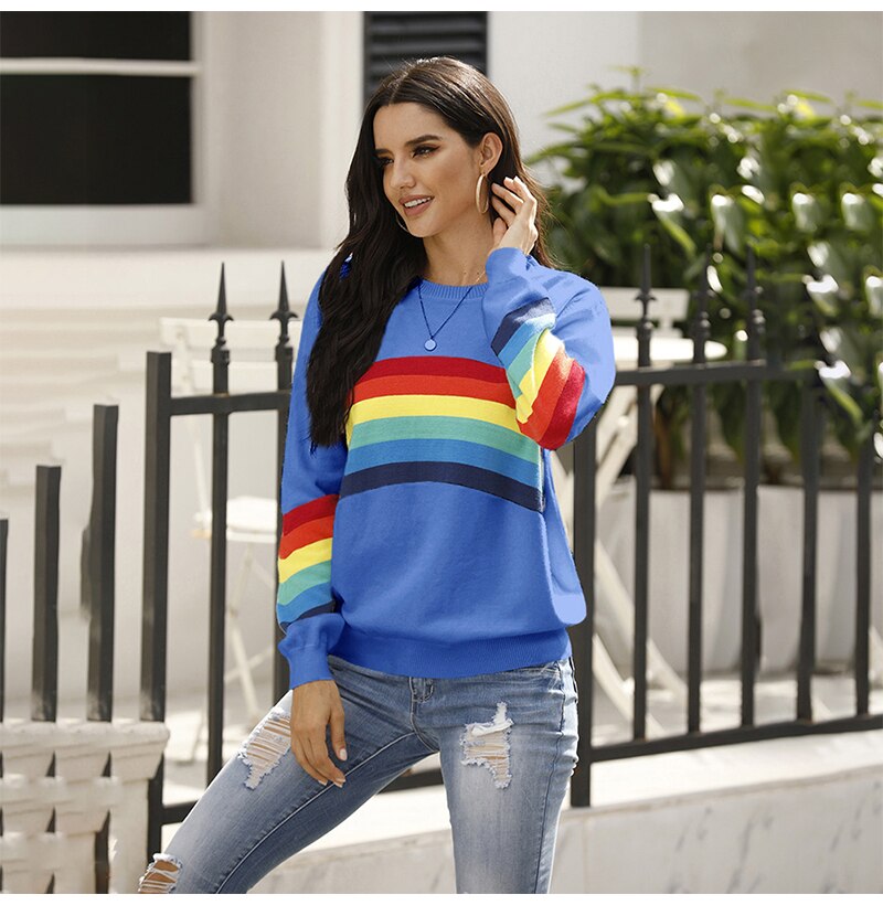 Sweater Women Autumn Winter Long Sleeve Rainbow Striped Top White Knitted Pullover Sweaters  Fashion Womans Clothes Knitwear - SunLify