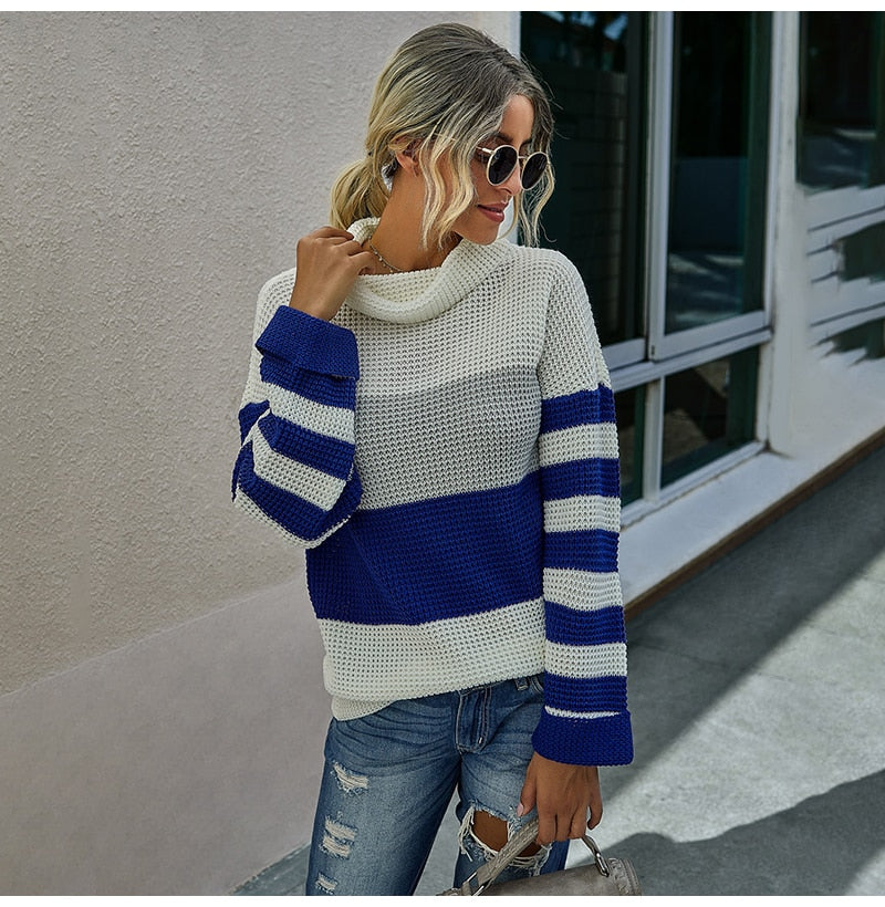 Woman Sweaters Casual Autumn Winter Long Sleeve Striped Print Tops Black Turtleneck Knit Pullover Sweater  Womens Clothes - SunLify