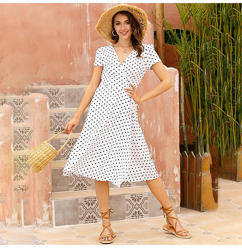 Women White Long Dress Summer Casual Dots Floral Womens Dresses Red Chiffon Midi Ladies Korean Fashion Clothing  Vacation - SunLify