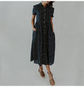 Long Dress Summer Vintage Dots Print Buttons Shirt Dresses White Casual Plus Size Women 4xl Loose Midi Clothes Black  Retro - SunLify