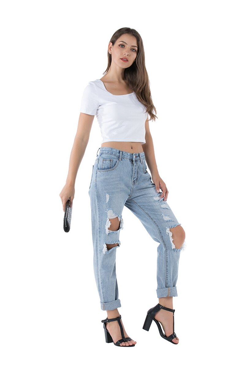 Women Sexy fashion Denim Loose Trousers High Waist mom jeans Destroyed Knee Holes Pencil Pants Stretch Ripped boyfriend jeans - SunLify
