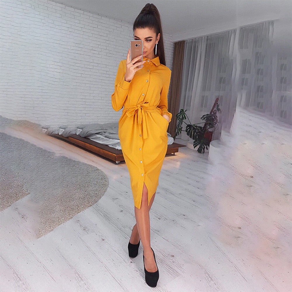 Long Dress Women Autumn Spring Casual Office Ladies Solid Green Long Sleeve Button Up Shirt Dresses Clothes  Fall Fashion - SunLify