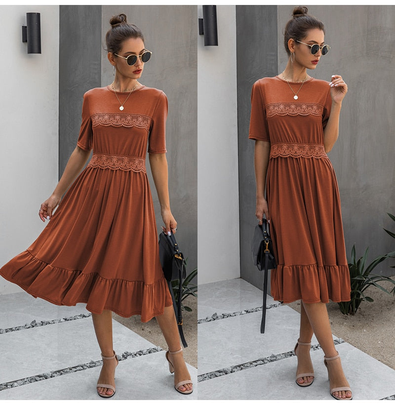 Women Midi Dress T-shirt Summer Black Lace Patchwork Ruffle Ruched Long Dresses Green Casual Ladies Fitted Clothes  Everyday - SunLify