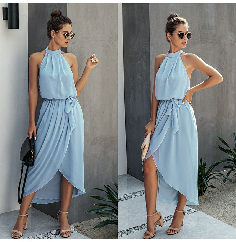 Long Dress Women Halter Sexy Backless Front Slit Ladies Elegant Summer Midi Dresses Party Night Fitted Clothes Blue  Fashion - SunLify