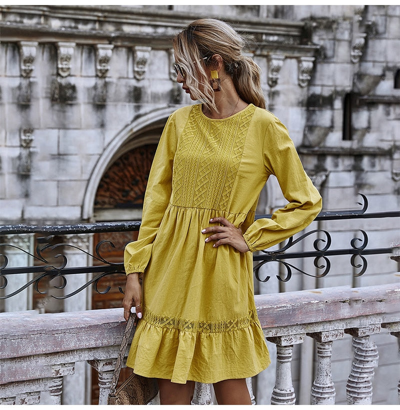 Woman Dress Autumn Winter Casual Lace Stitching Yellow Long Sleeve Loose Vintage Dresses For Women Clothes  Ladies - SunLify