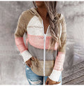 Knit Cardigan Sweater Women Autumn Winter Casual Striped Patchwork Long Sleeve Tops Zip Up Hooded Cardigans Womens Clothes - SunLify