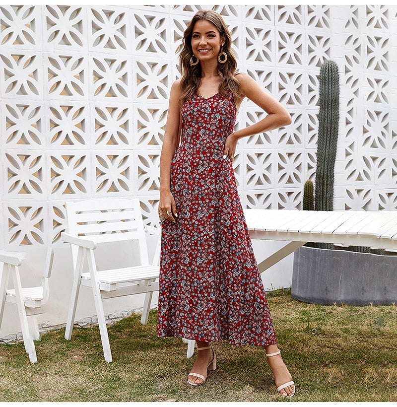 Long Dress Summer Vintage Flower Floral Backless Slip Sundress Women Casual Fitted Midi Clothes Red  Spaghetti Strap Dresses - SunLify