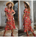 Long Dress Summer Women Casual Floral Ruffle Dresses Lace-Up Cardigan New Arrival  Flower Fitted Midi Clothes Red For Women - SunLify