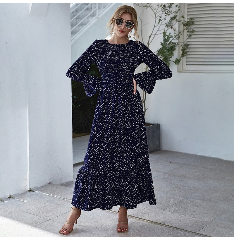 Long Dress Autumn Winter Dots Flroal Print Ruffle Black Clothes Elegant Ladies Flower Long Sleeve Maxi Dresses For Women - SunLify