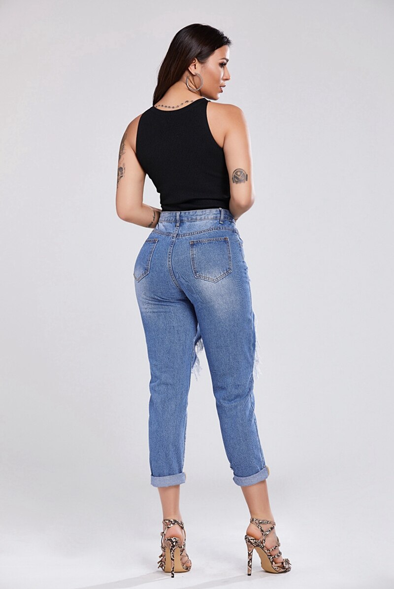 Spring summer Fashion ripped Hole denim pants Women Cotton Denim Jean Loose Casual Elastic Cross-pants vintage Street jeans - SunLify