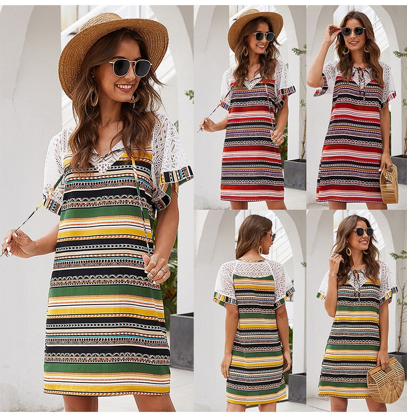 Chiffon Dress Women Vintage Summer Striped Stitching Mini Sundresses Red Casual Fitted Clothing  Retro Clothes Women Yellow - SunLify