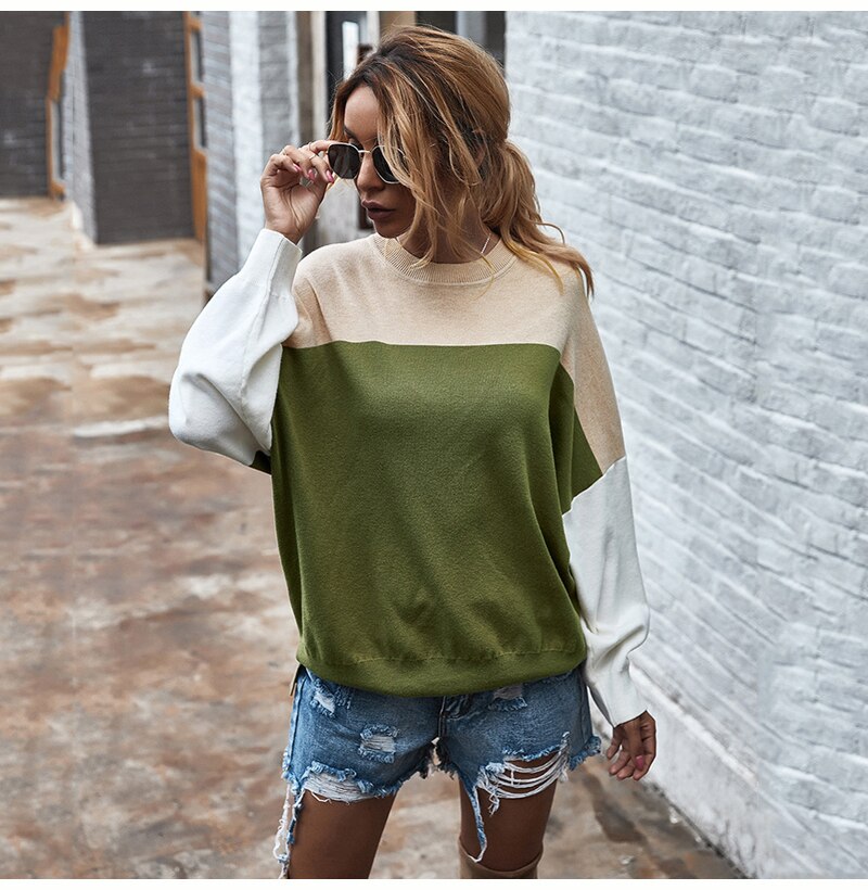 Knitted Sweater Autumn Winter Green Patchwork Color Ladies Long Sleeve Jumpers Pullover Sweaters Tops Women Fashion Clothes - SunLify