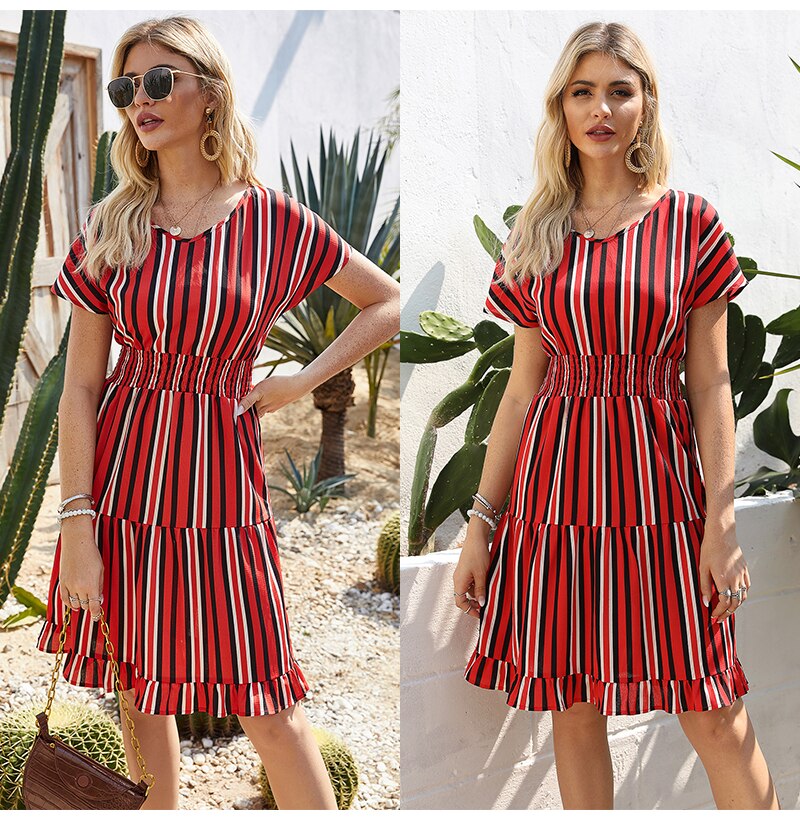 Womens Dresses Summer Casual Stitching Striped Ruffle Sundress Ladies Waisted Fitted Clothing  Trendy Red Dresses For Women - SunLify