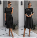 Women Midi Dress T-shirt Summer Black Lace Patchwork Ruffle Ruched Long Dresses Green Casual Ladies Fitted Clothes  Everyday - SunLify